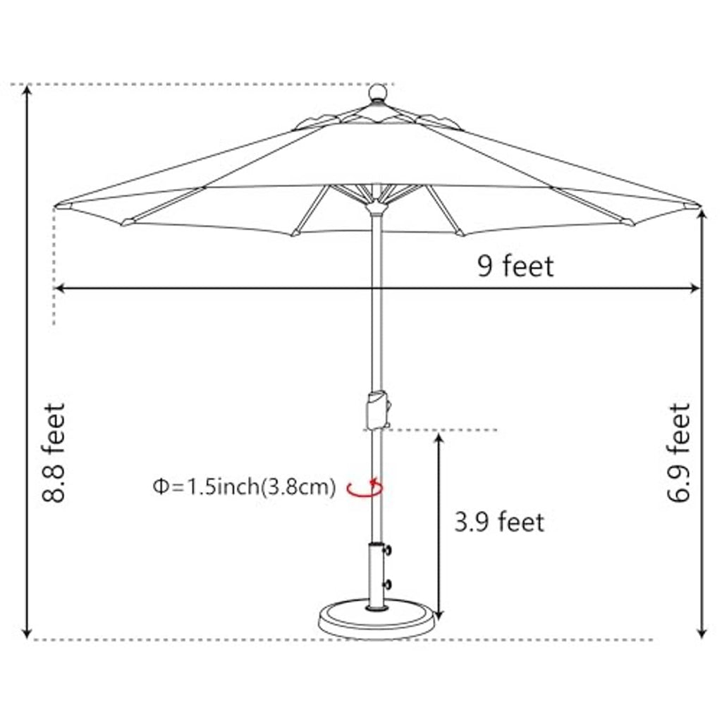 Market patio umbrella size diagram showing 9-ft canopy width and height