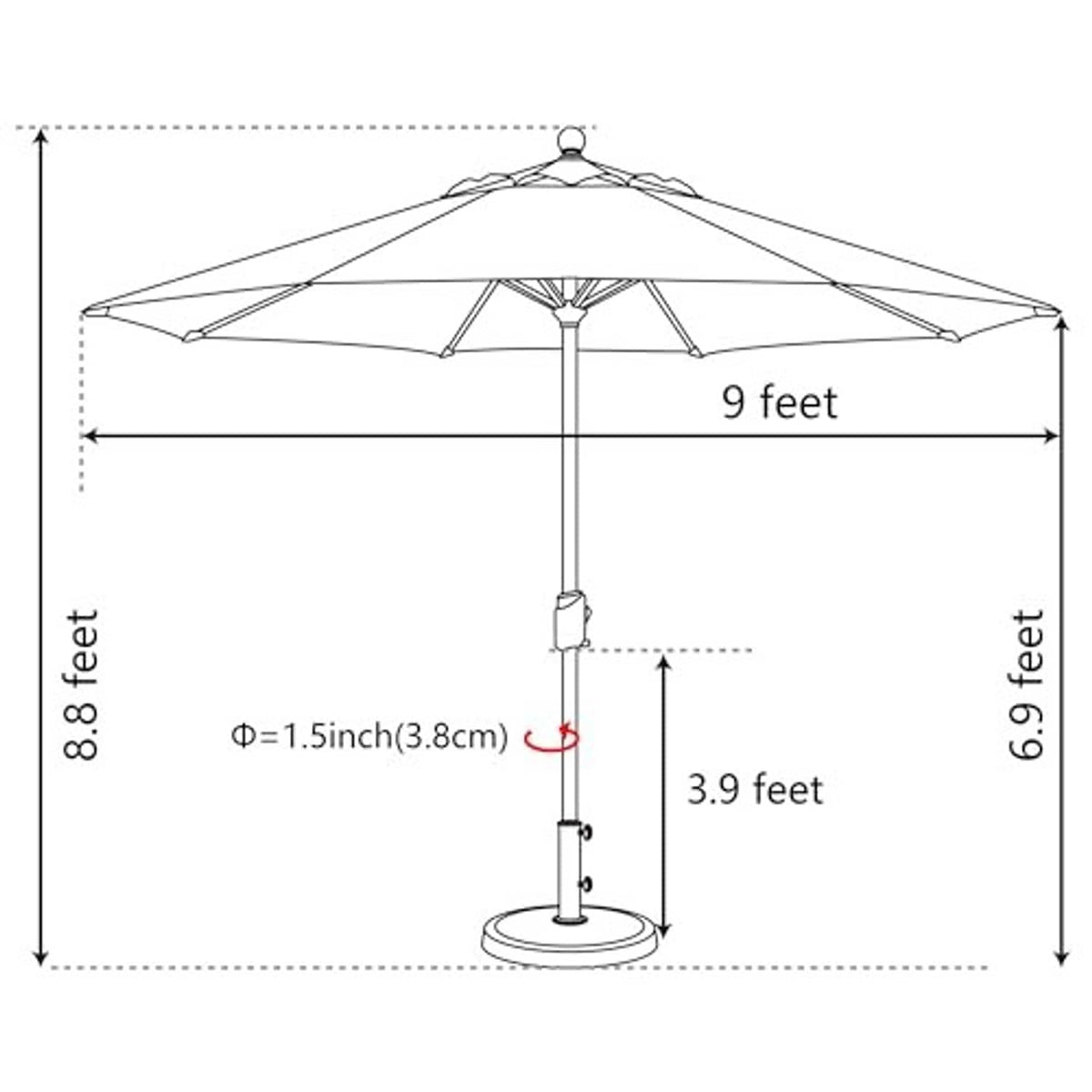 Market patio umbrella size diagram showing 9-ft canopy width and height