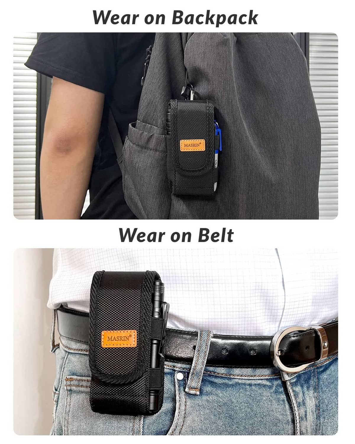 Black EDC pouch worn on backpack strap and belt, with blue side clip