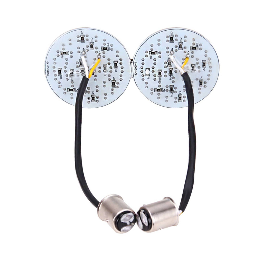 LED turn signal bulb pair with two round LED circuit panels and black wiring