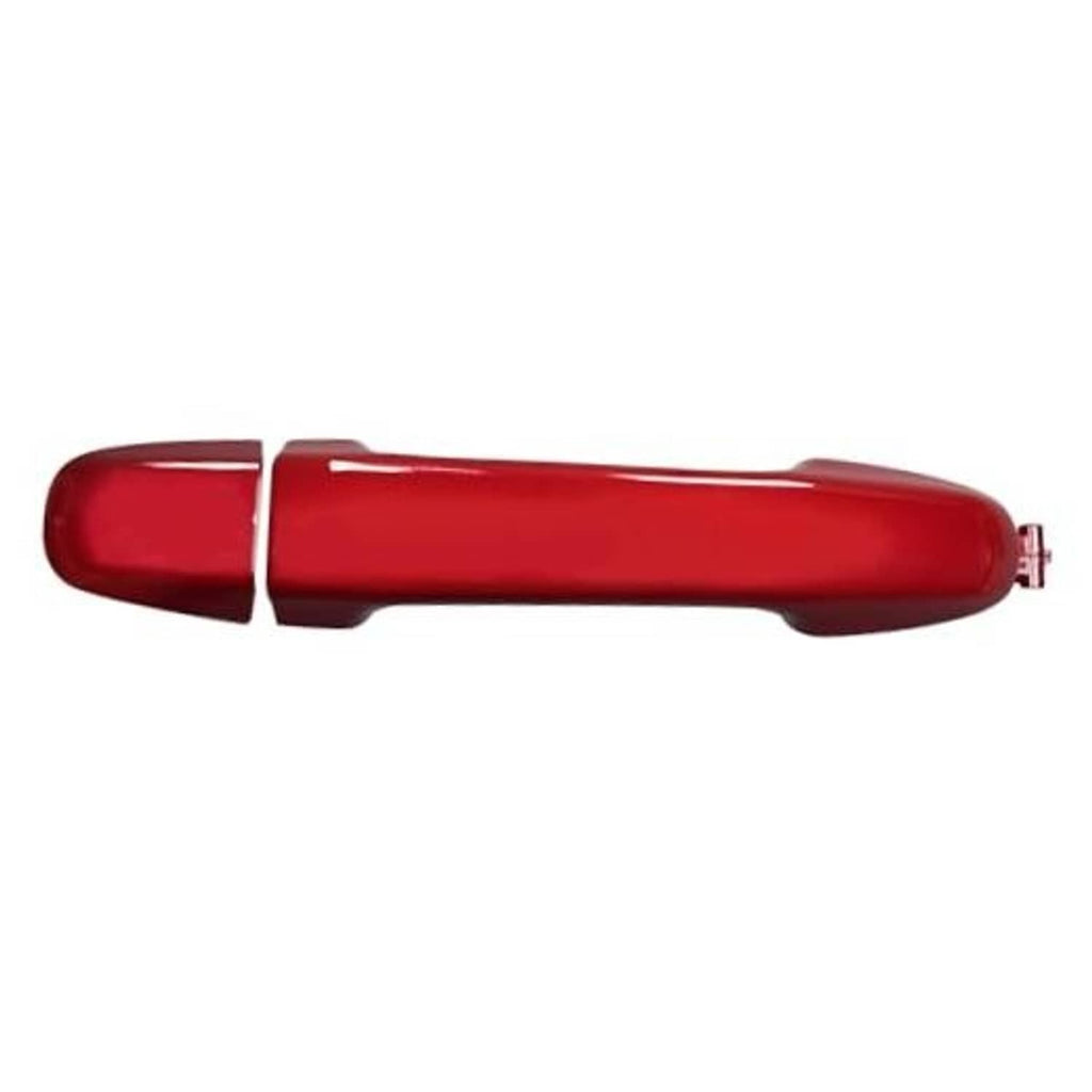 Red front passenger exterior door handle, smooth lever shape with mounting tab.