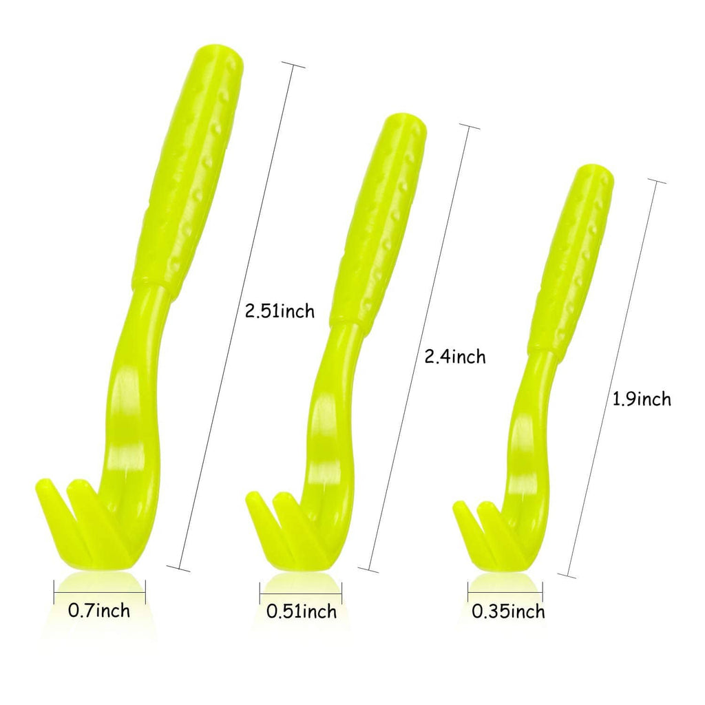 Three lime green plastic tick removers with curved prongs and pointed ends