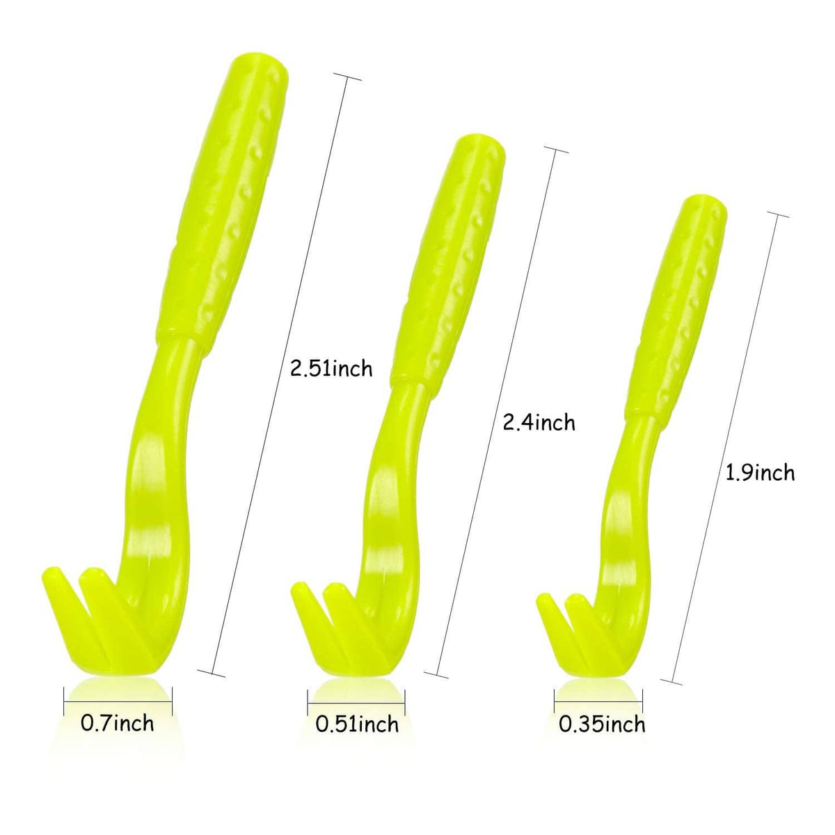 Three lime green plastic tick removers with curved prongs and pointed ends