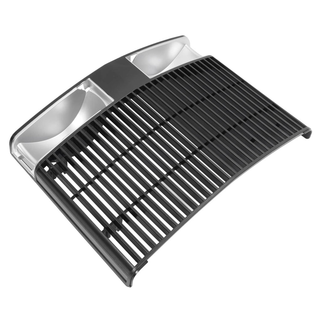 Black tractor grille with slatted vent mesh and silver side mounting trays