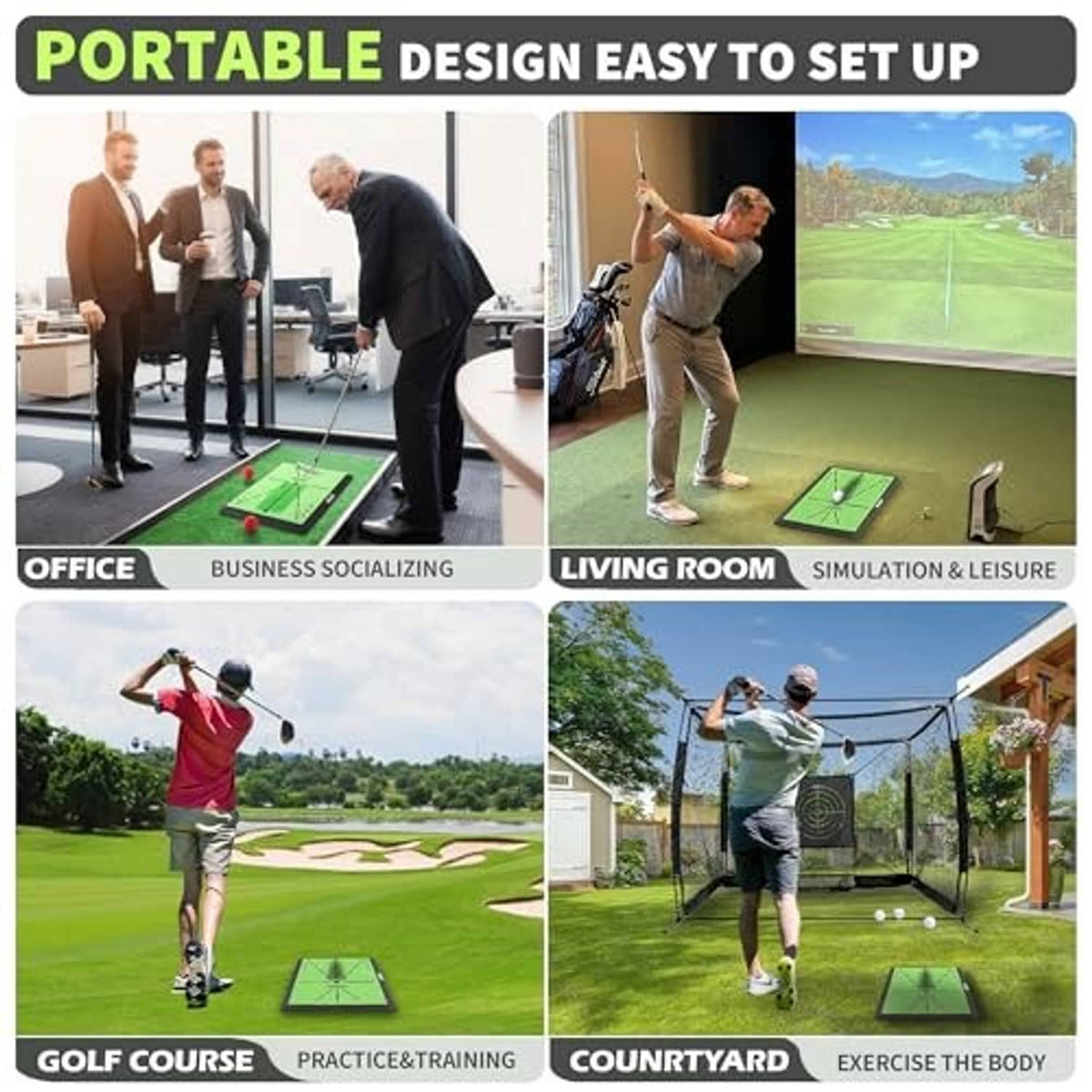 Portable golf hitting mat setup in multiple rooms, green tracking board with black border