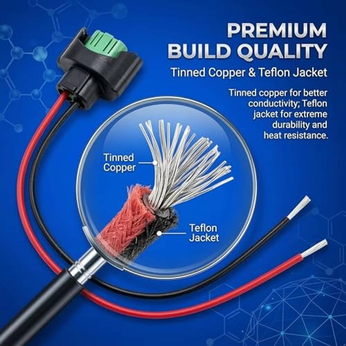 Wiring harness cable with green connector and tinned copper wire ends on red/black leads