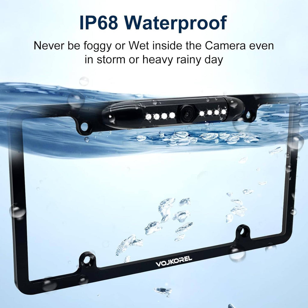 Black license plate frame backup camera with LED light bar and water droplets