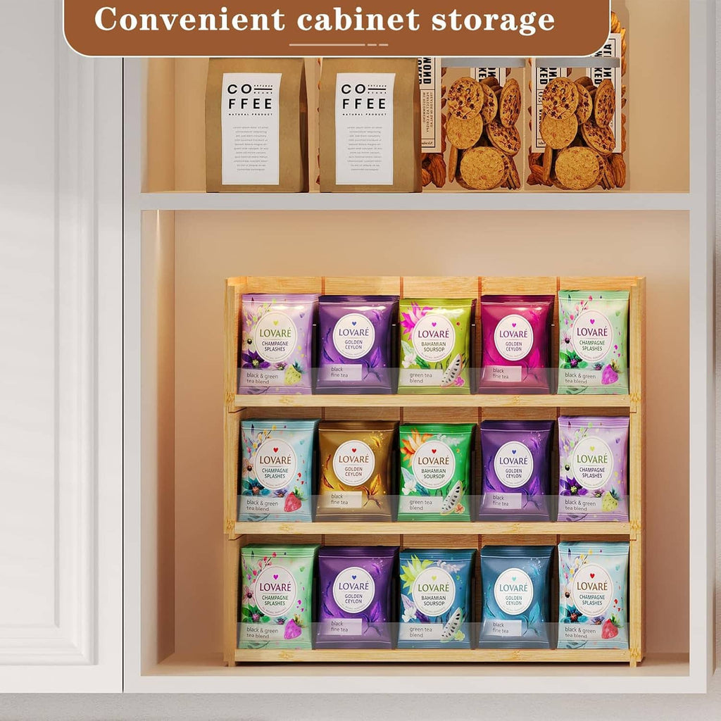 Wooden 3-tier tea bag organizer shelf cabinet filled with assorted tea packets