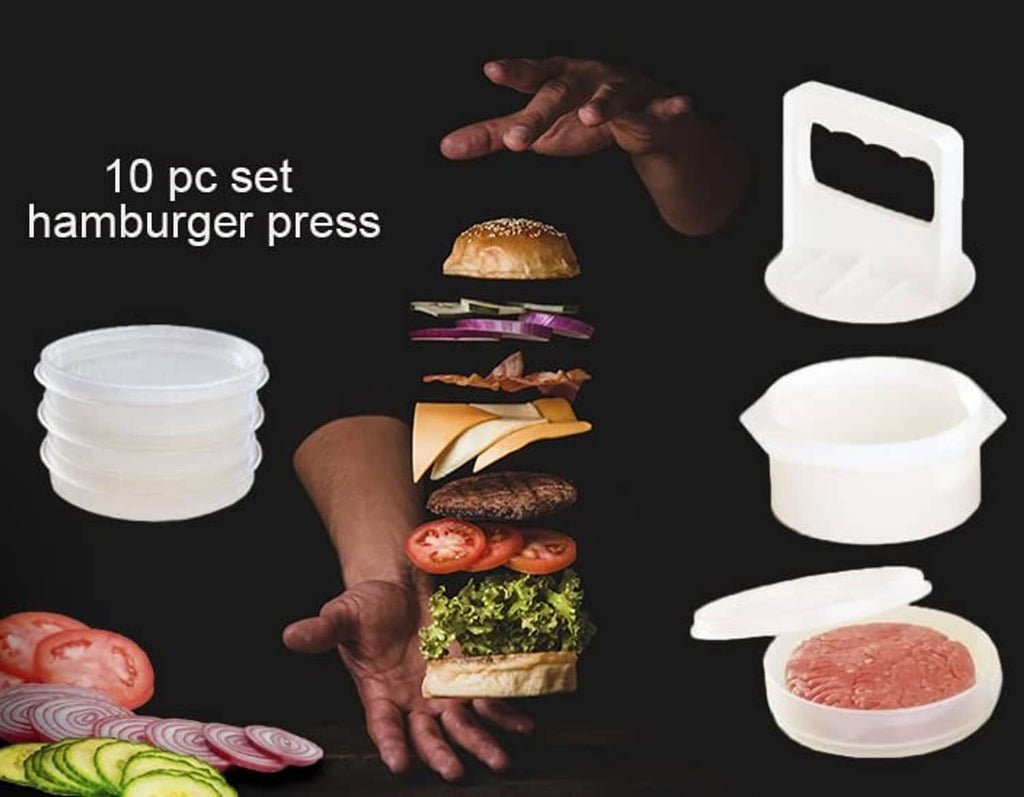 White hamburger patty press with stacked freezer containers and patty containers