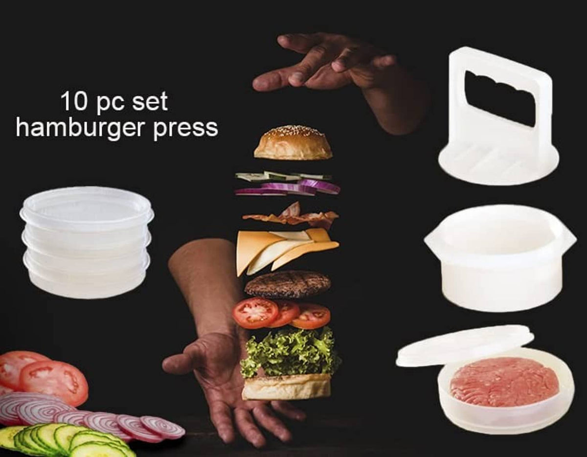 White hamburger patty press with stacked freezer containers and patty containers