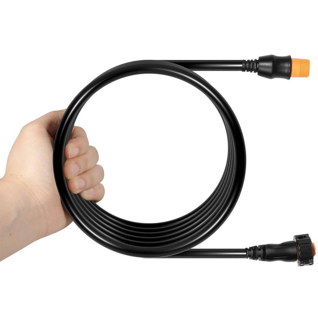 Coiled transducer extension cable held by hand, with orange connector tips
