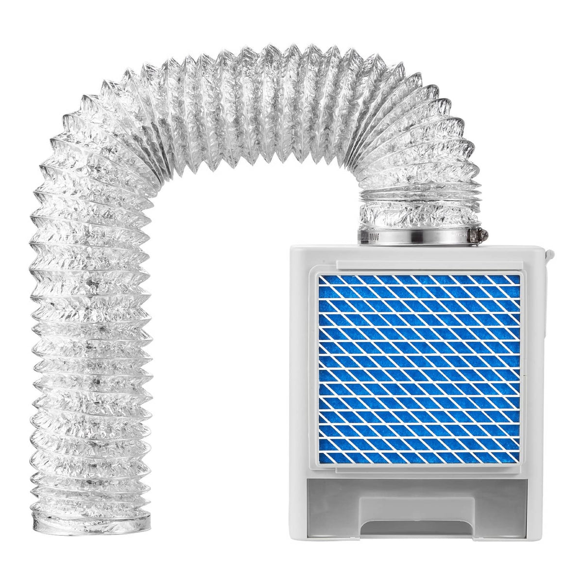 Indoor dryer vent kit with blue mesh filter and connected flexible metal duct, top view