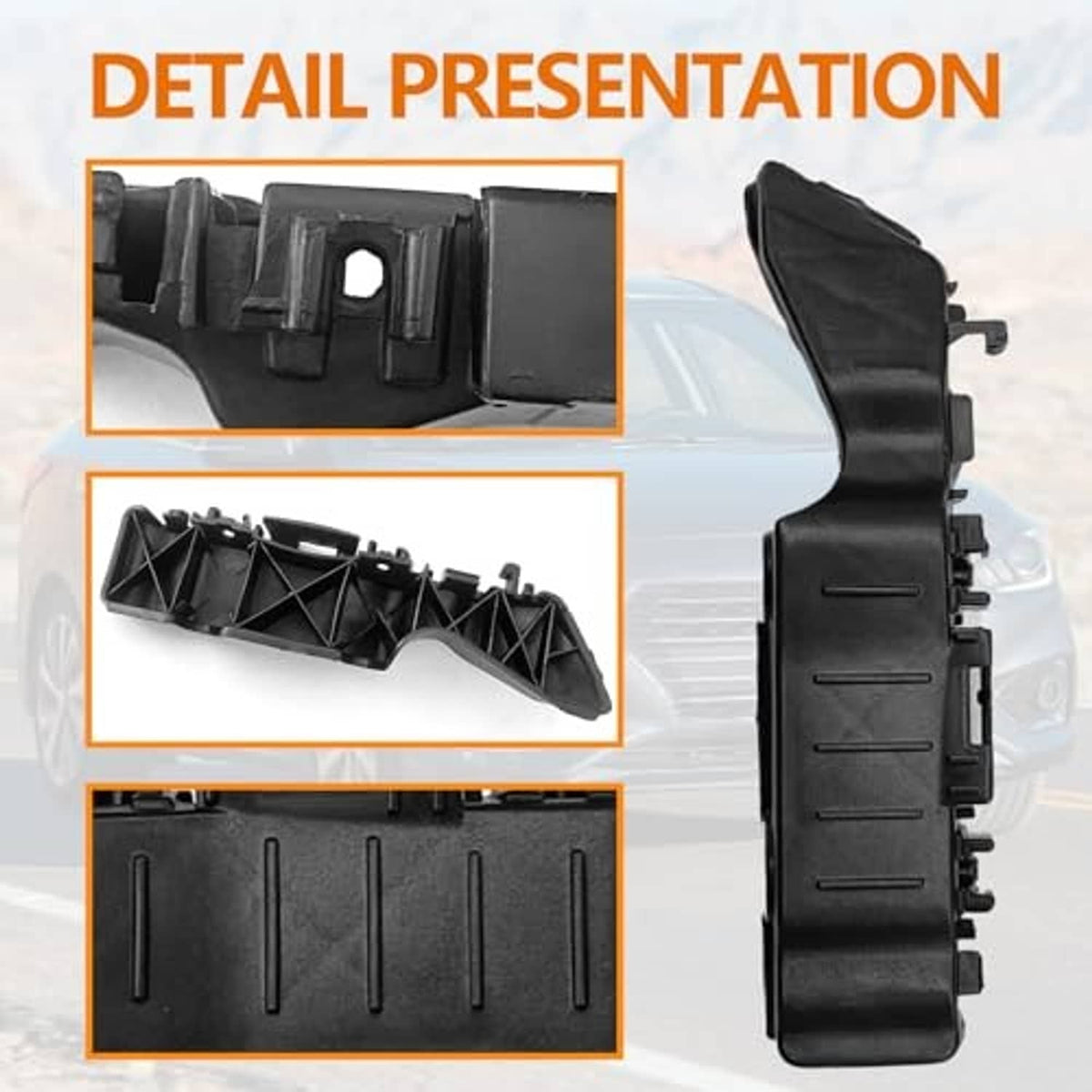 Black front bumper bracket with mounting hooks and ribs, left-right set