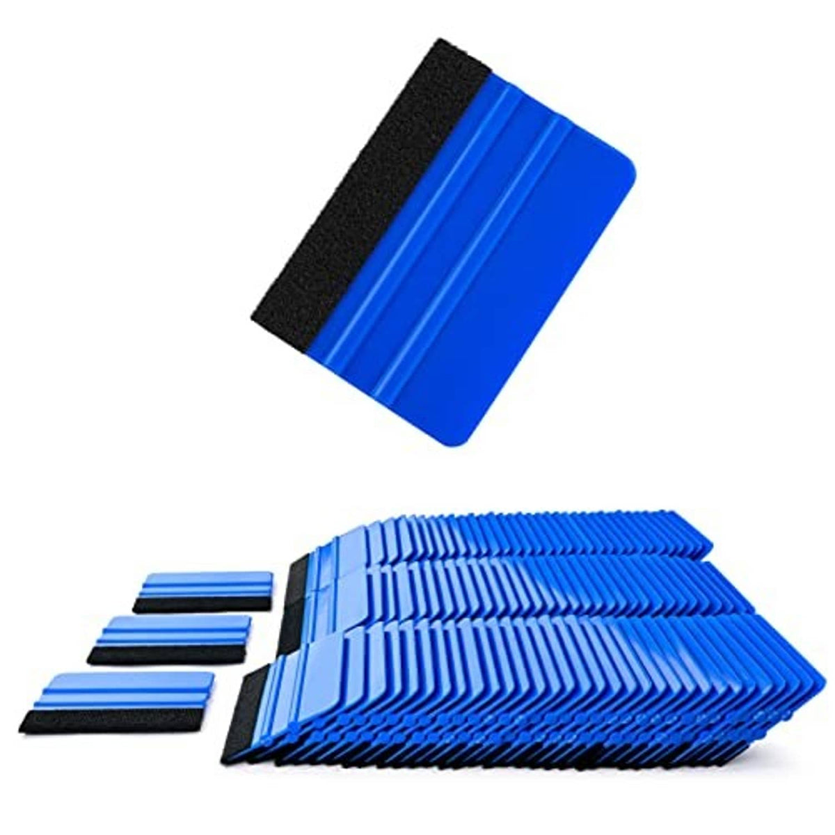 Set of blue ribbed squeegees with black felt pads for vinyl application