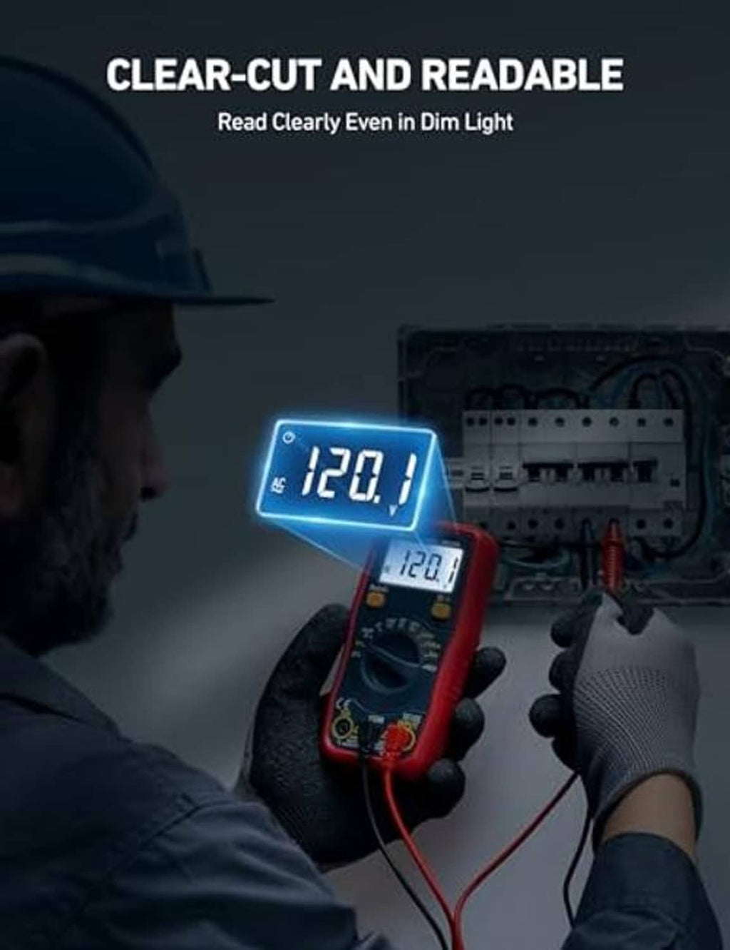 Digital voltage tester multimeter with bright blue and red LCD readings in hand