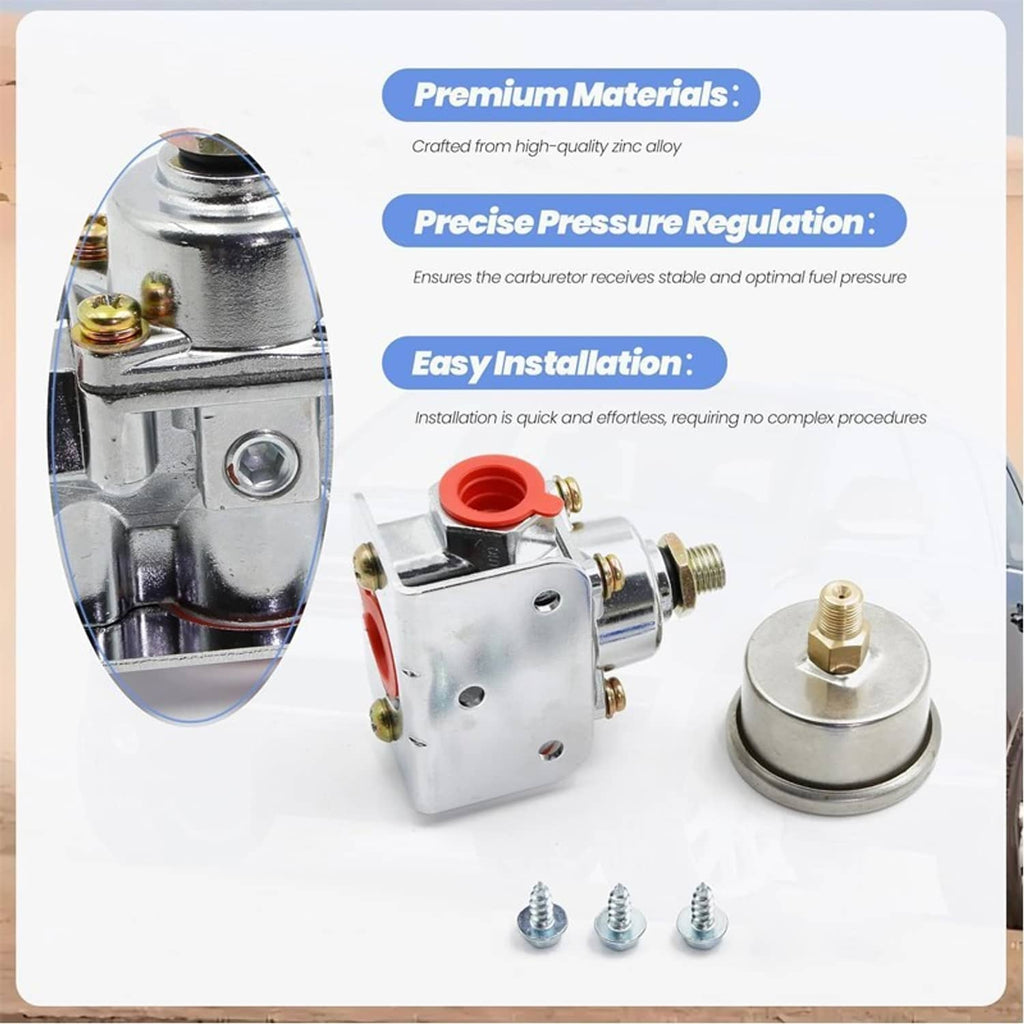 Low fuel pressure regulator with round gauge, silver metal body, orange inlet cover