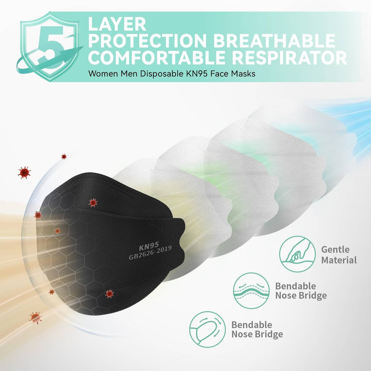 Black KN95 face mask with breathable comfort and filtration icons