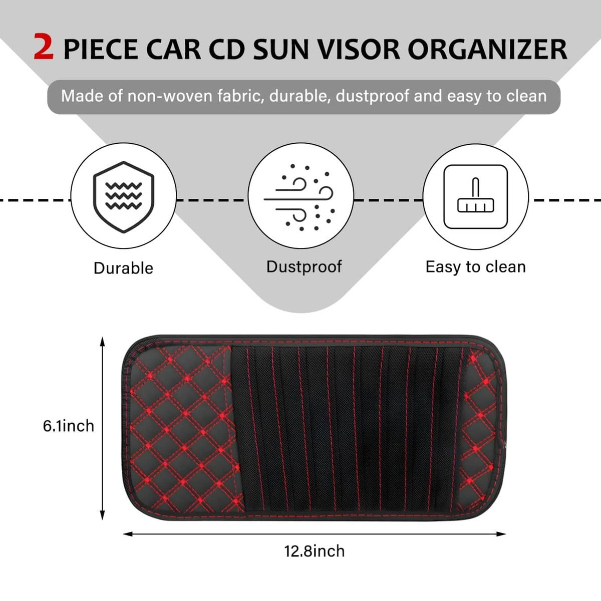 Car CD visor organizer case, red plaid trim with black striped center panel, 12.8x6.1 in