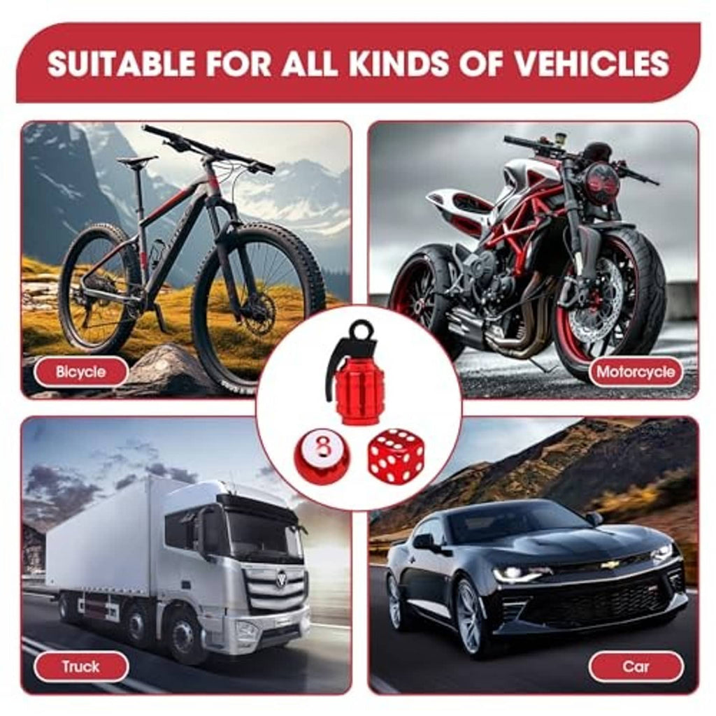 Red valve stem cap set with dice and lantern styles for bikes, motorcycles, trucks, cars.