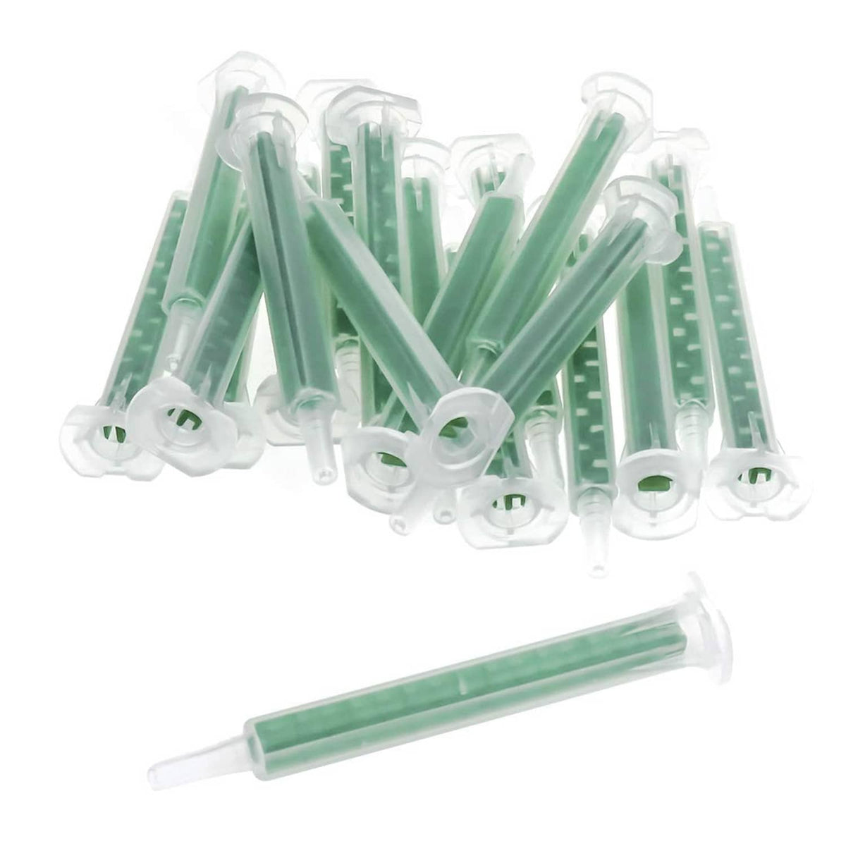 Static mixer nozzles, clear with green internal spiral, 20-pack