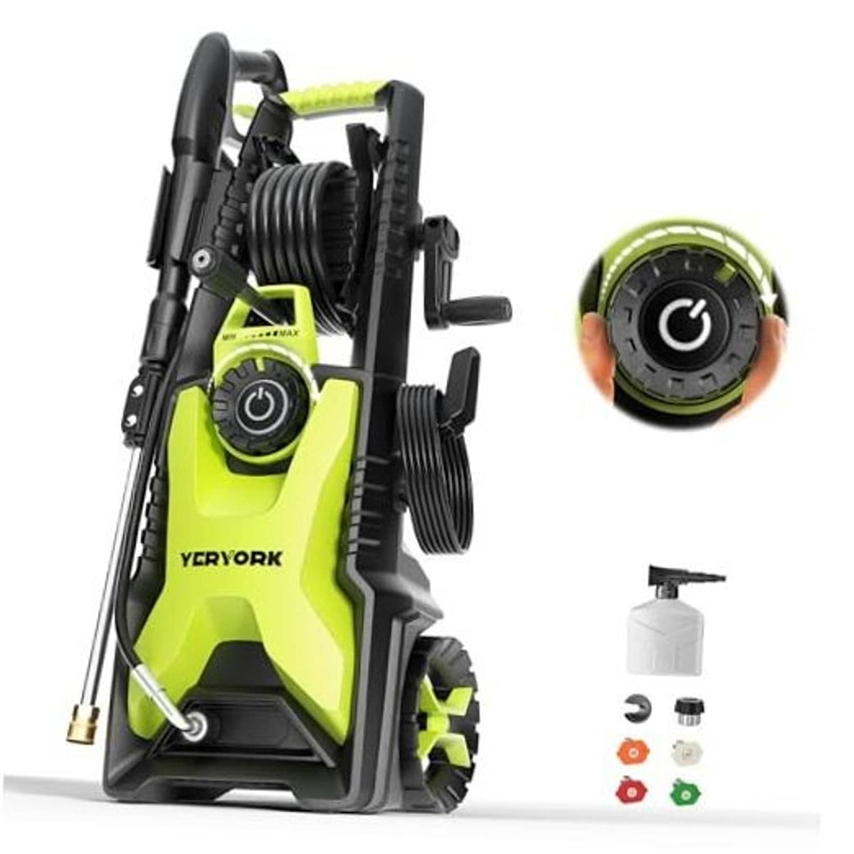 Electric pressure washer with lime green and black body, front controls, and accessories