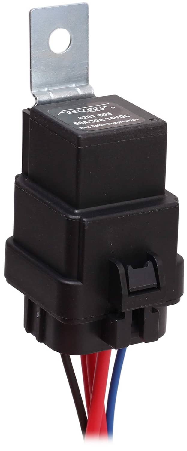 Black weatherproof automotive relay with metal bracket and two red wire leads