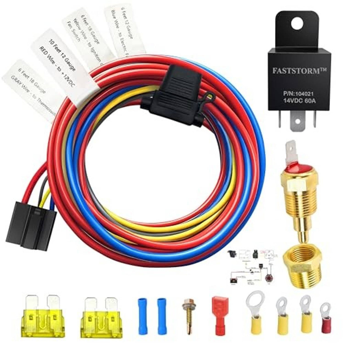 Faststorm 12V 60A fan relay kit with bundled red, blue, yellow, and gray wiring leads