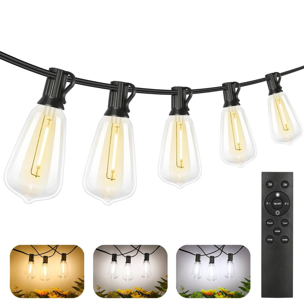 Outdoor string lights with black wire, clear bulbs, and handheld remote controller
