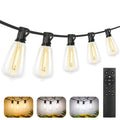 Outdoor string lights with black wire, clear bulbs, and handheld remote controller