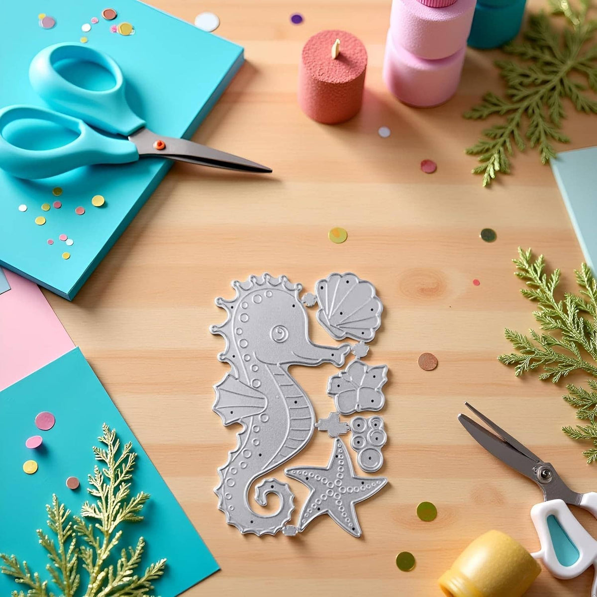 Silver metal ocean animal die-cuts, arranged seahorse, shell, and starfish shapes