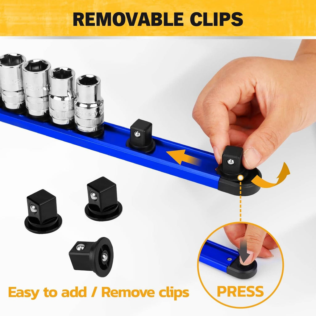 Blue magnetic bit rail with removable black clips and hand pressing a clip