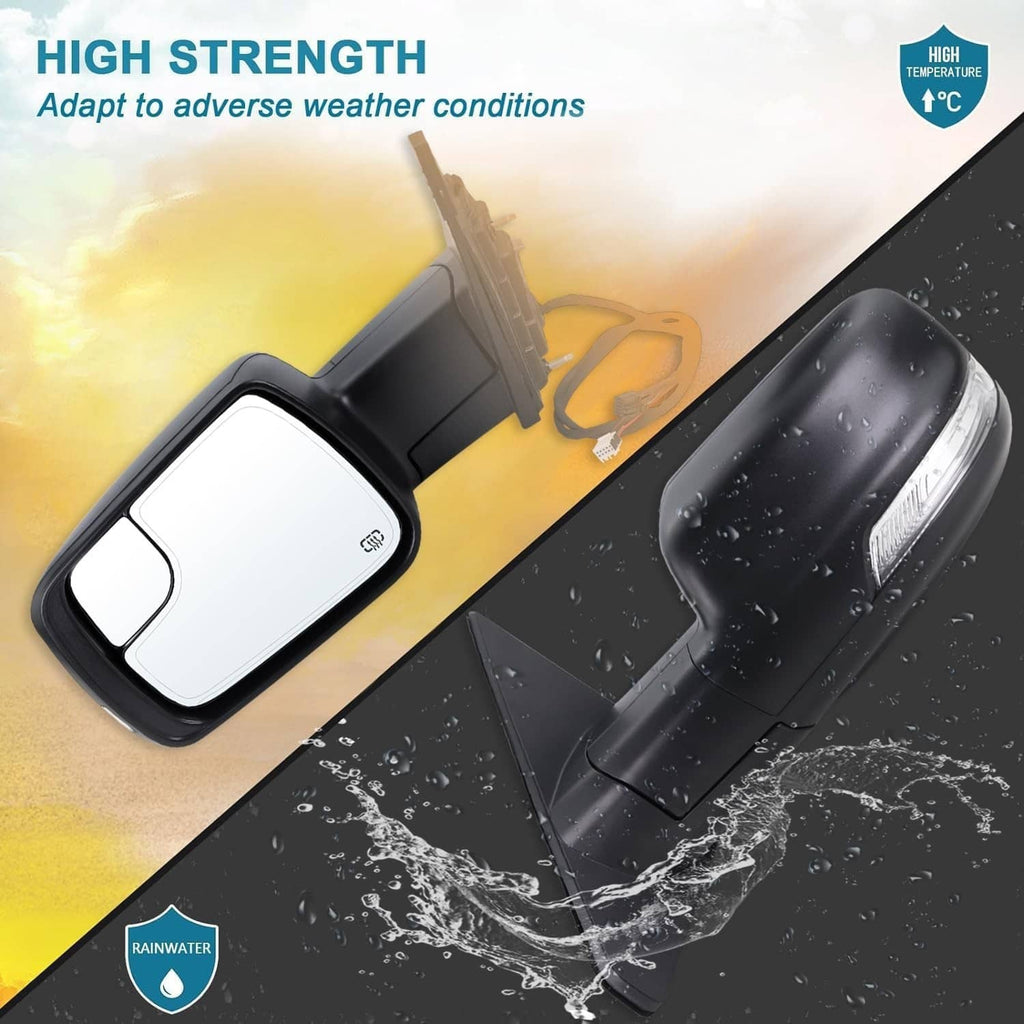 Black heated power folding side mirrors with turn signal and puddle light, shown with water