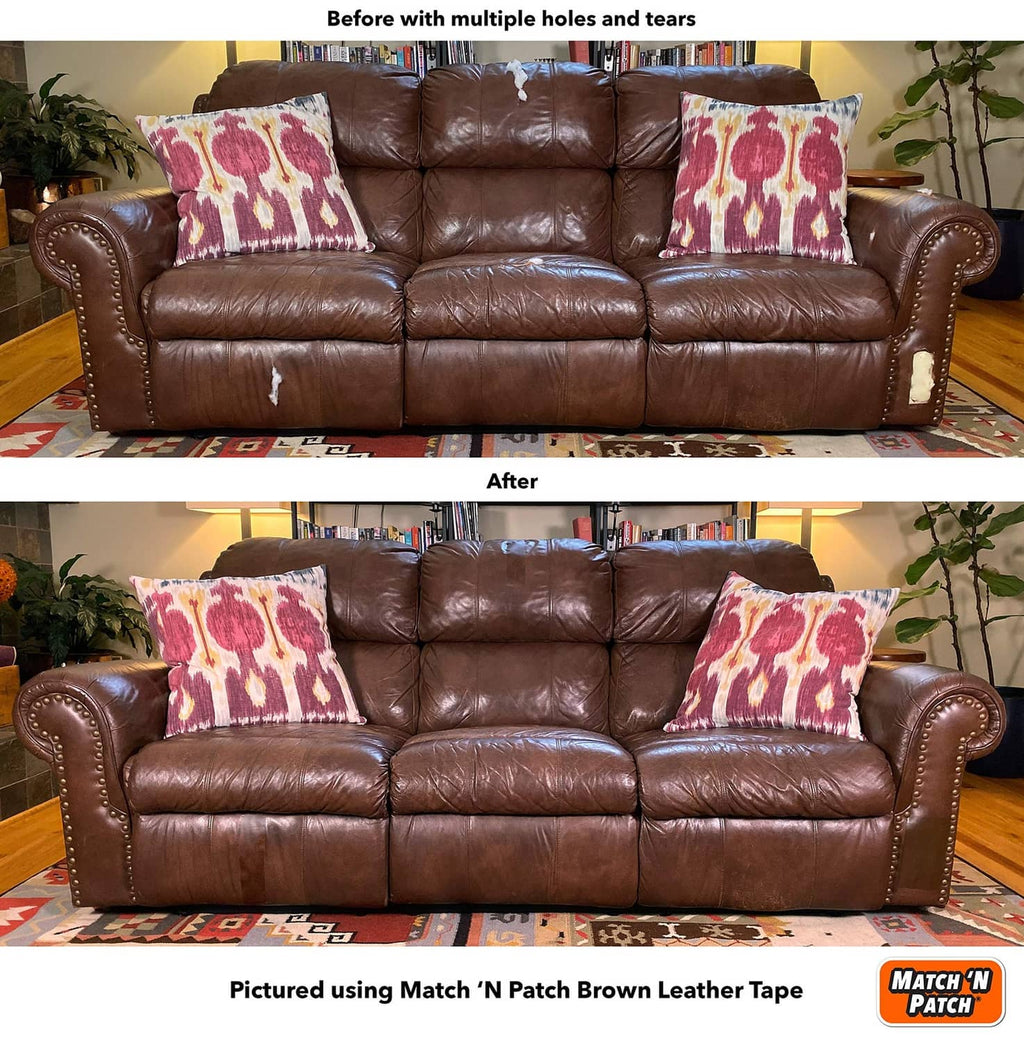 Match 'N Patch realistic leather repair tape on brown sofa, after repair with stitched patch.