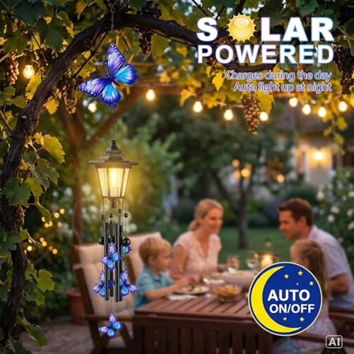 Blue butterfly solar-powered wind chime lantern with black light housing