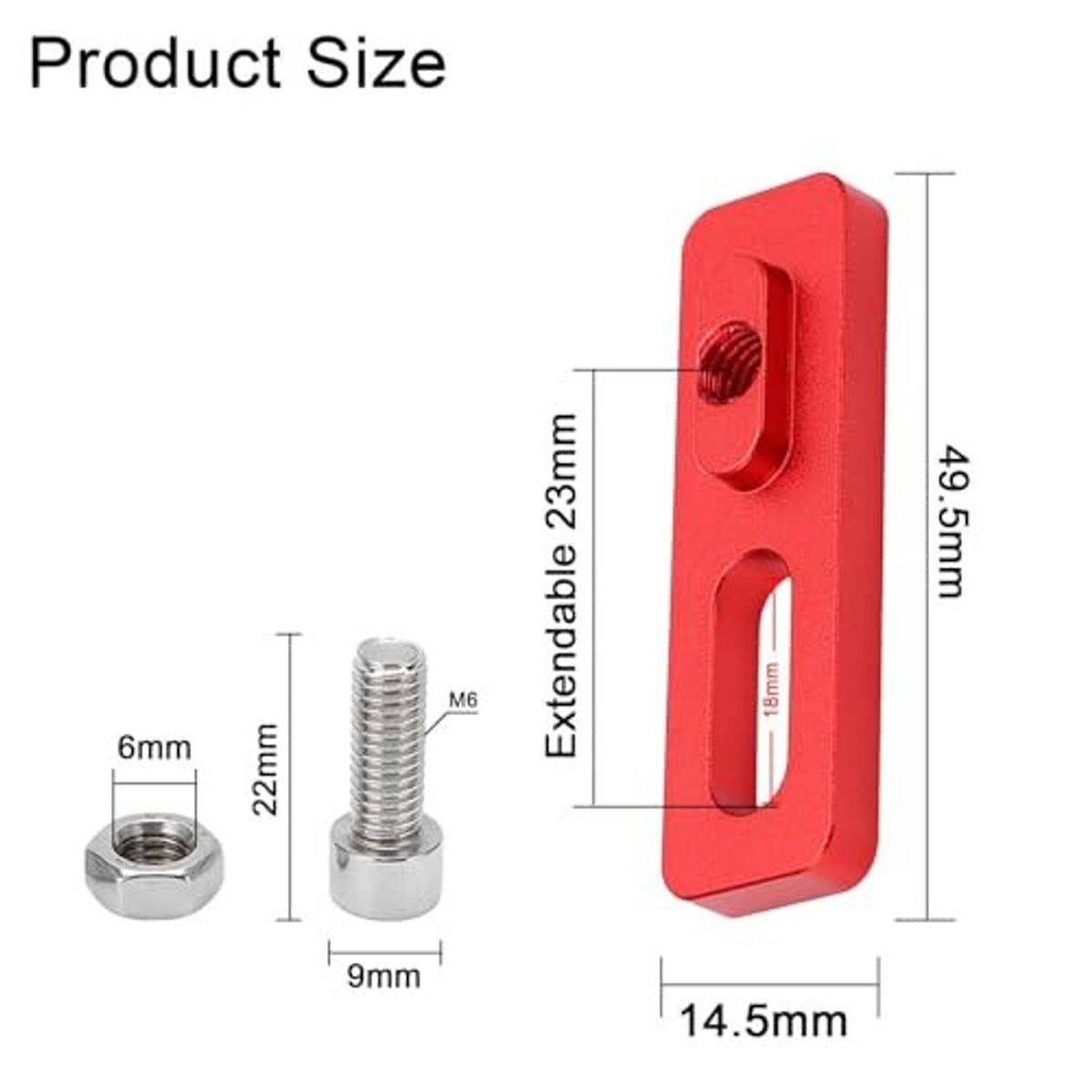 Red V-brake extension converter size diagram with extension bolt and mounting nut