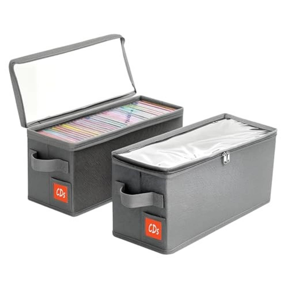 Pair of dark gray stackable CD storage cases with hinged lids and front divider pockets