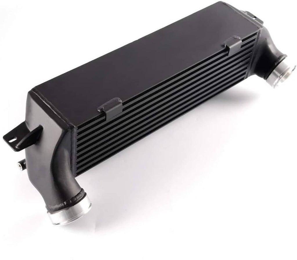 Black intercooler with finned core and silver inlet/outlet ports on both ends