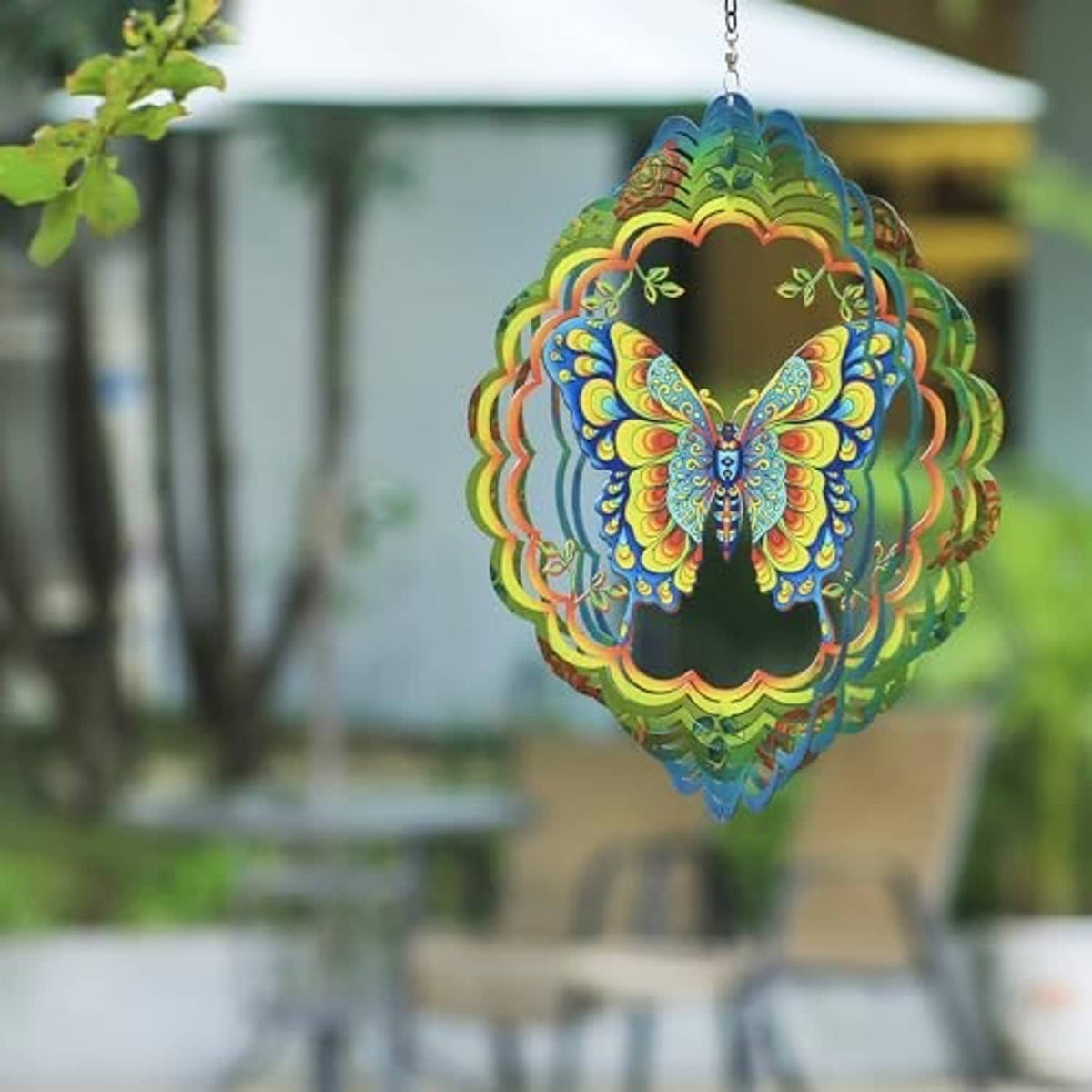 Hanging multicolor butterfly wind spinner with 3D stainless steel scalloped border