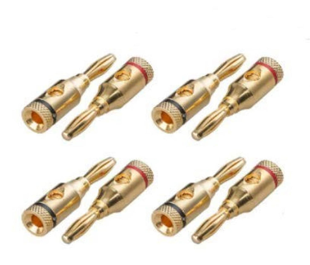Gold-plated speaker banana plugs set with red insulator rings, open screw design