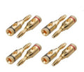 Gold-plated speaker banana plugs set with red insulator rings, open screw design