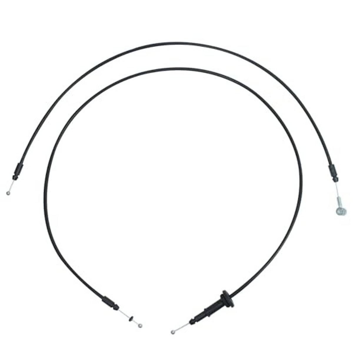 Hood latch release cable assembly with black cable, two loops, and metal end clips