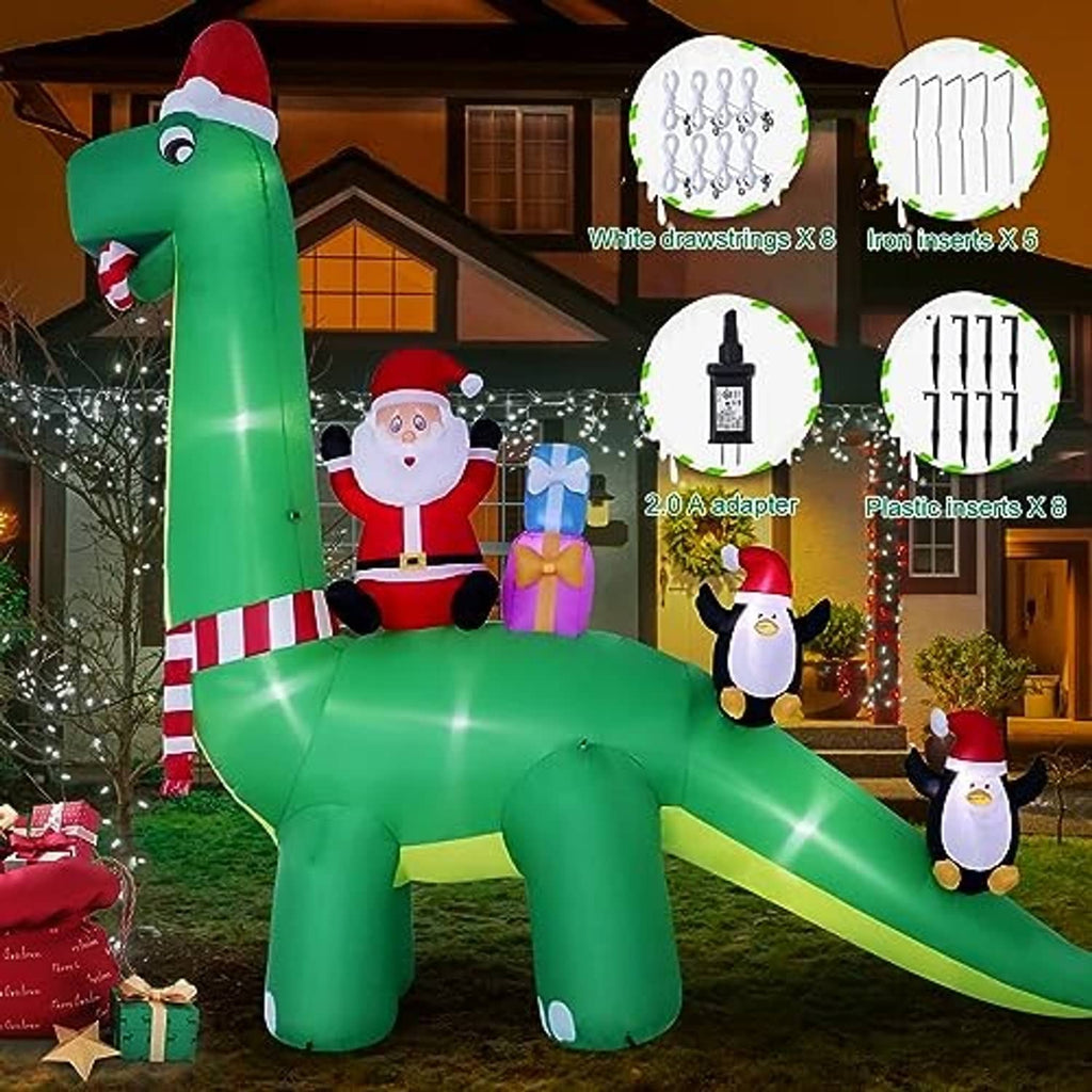 Green 13ft inflatable dinosaur decoration with Santa; includes adapter and insert parts