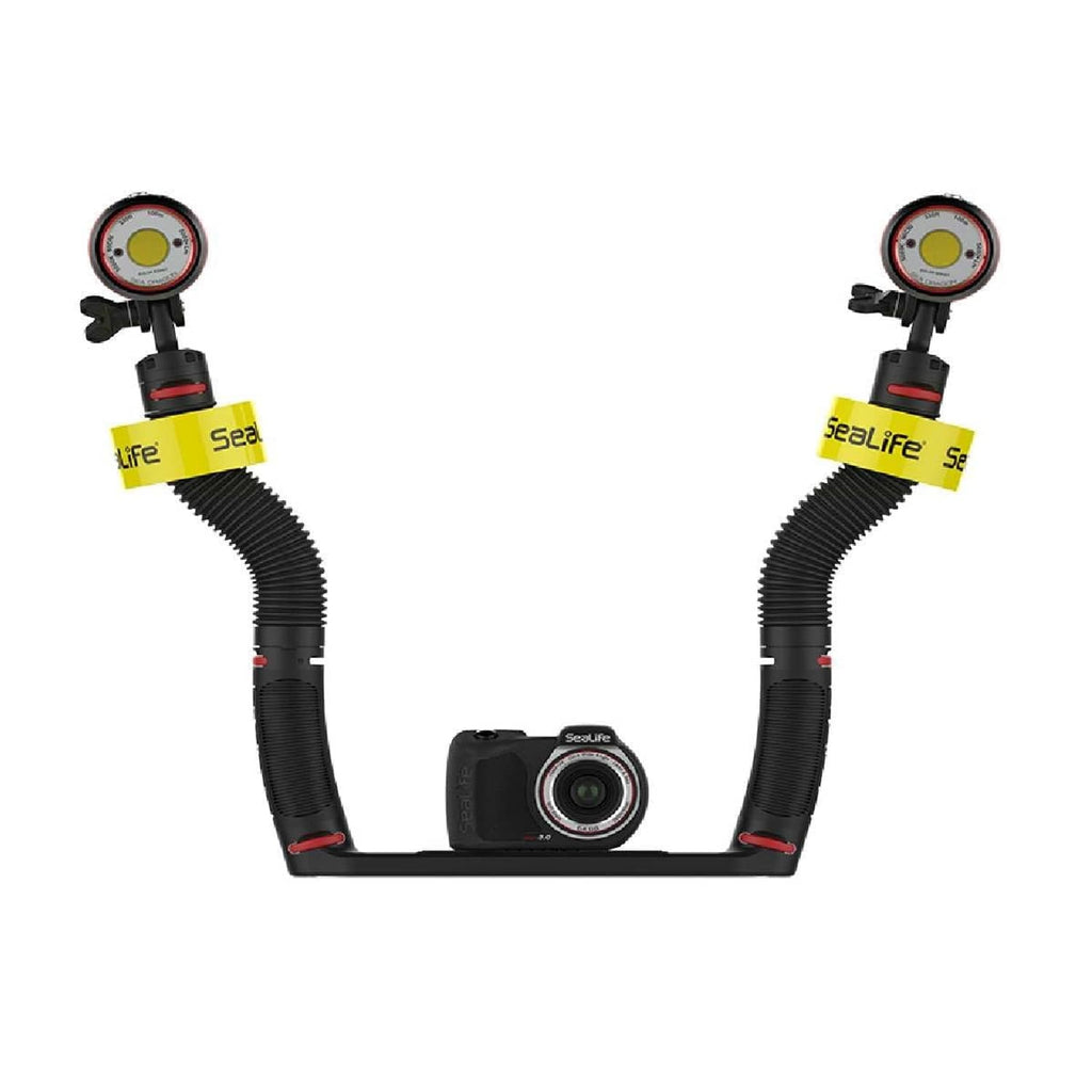 Underwater camera float with two yellow Sealiife rings and black tubing around camera