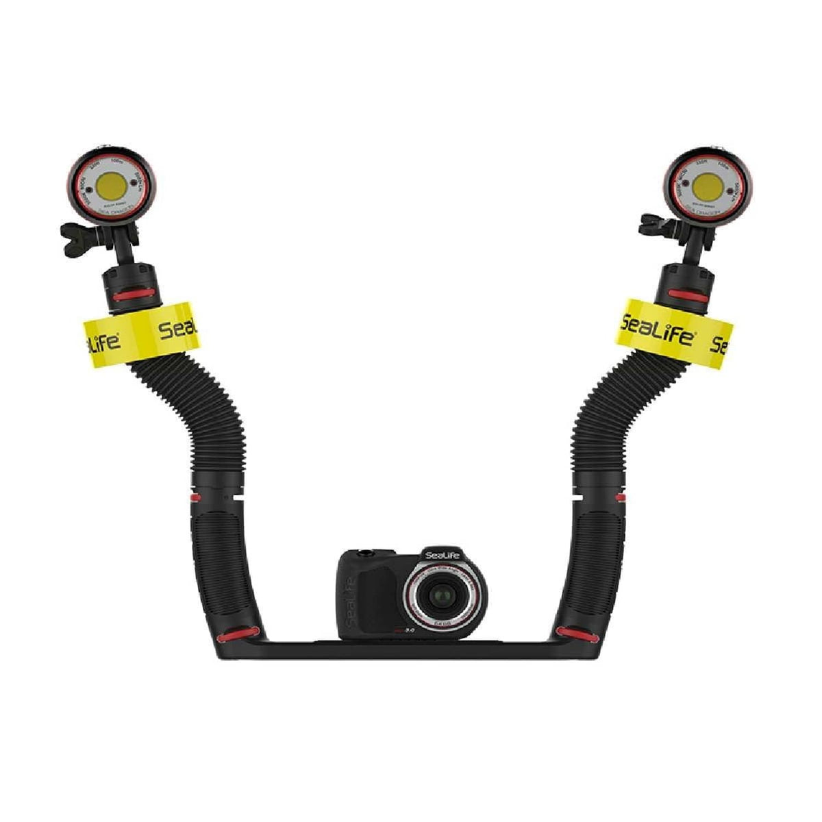 Underwater camera float with two yellow Sealiife rings and black tubing around camera