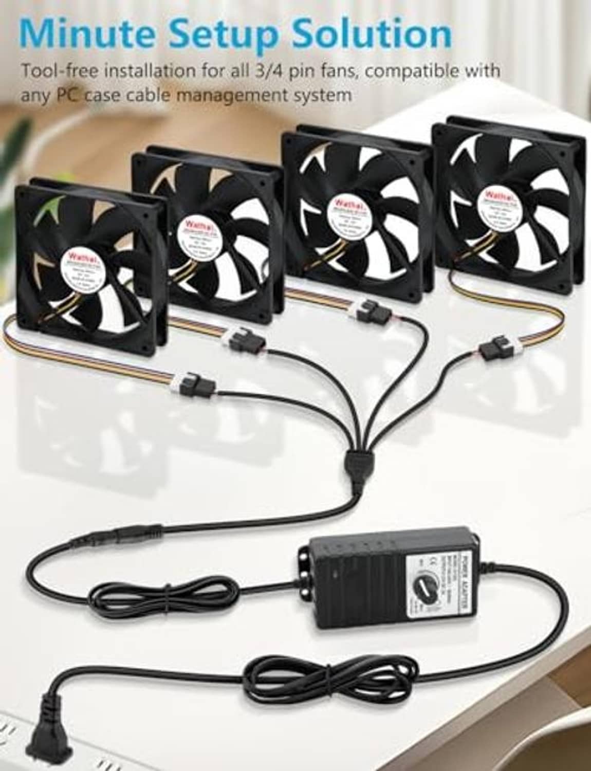PC fan speed controller kit with adapter, four fan connectors, and connecting cables
