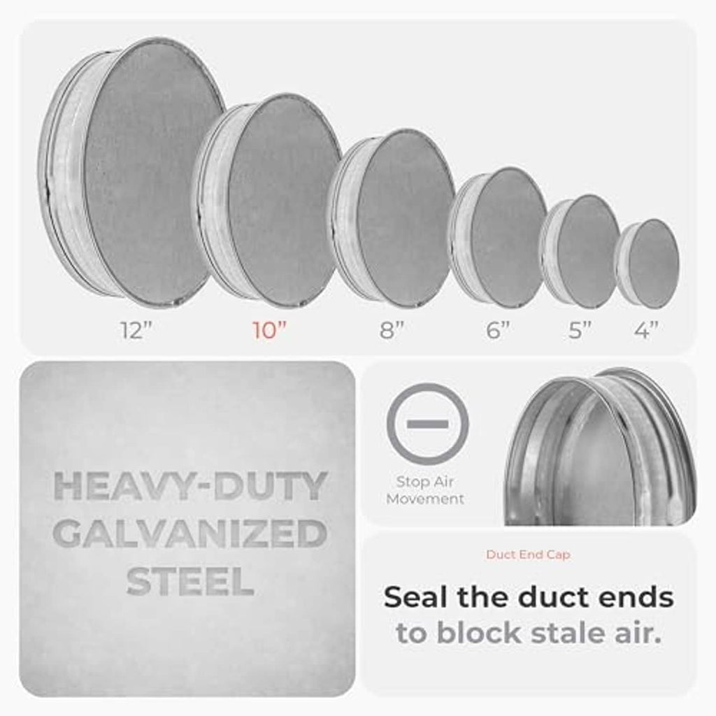 Assorted galvanized steel duct end caps in multiple diameters, stacked and aligned
