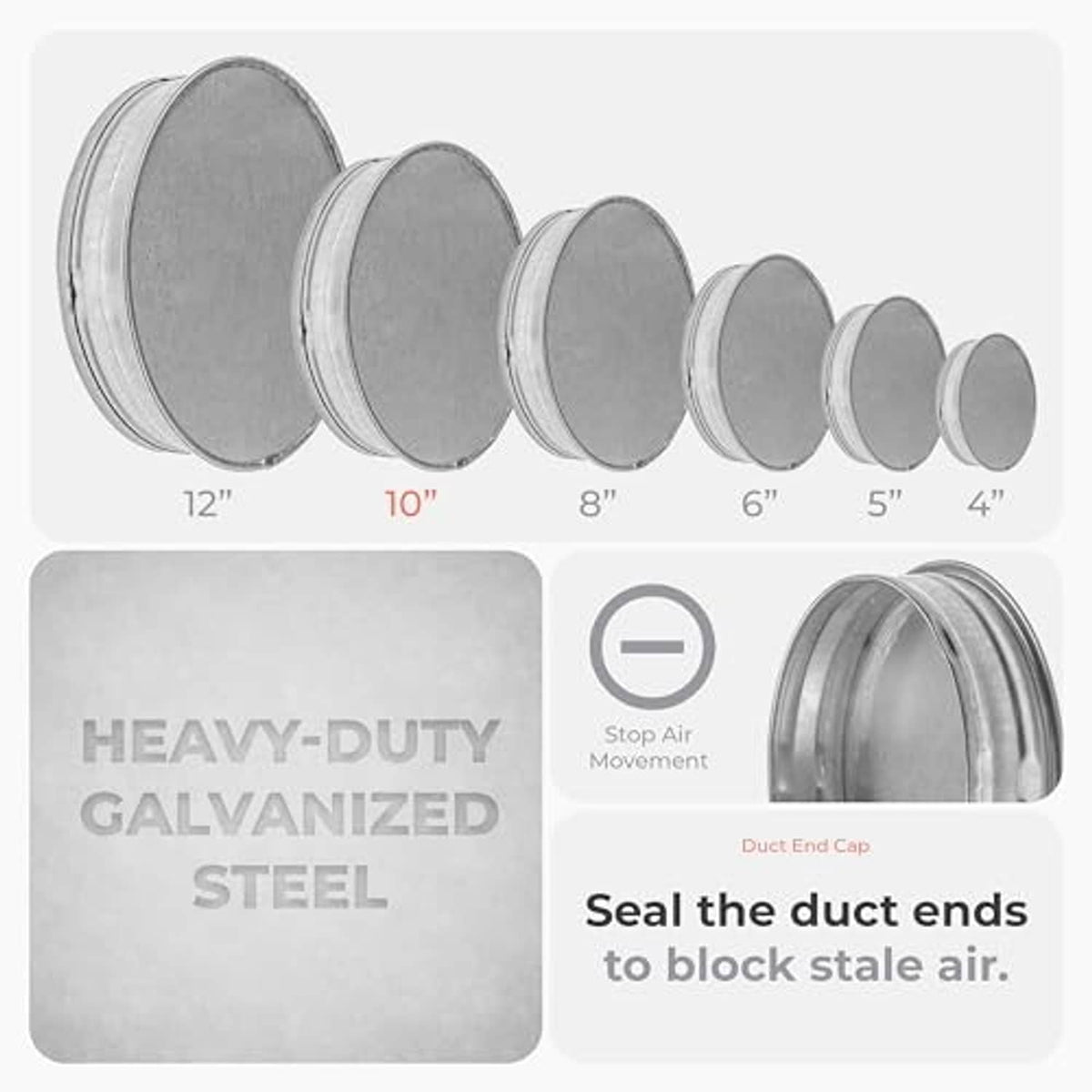 Assorted galvanized steel duct end caps in multiple diameters, stacked and aligned