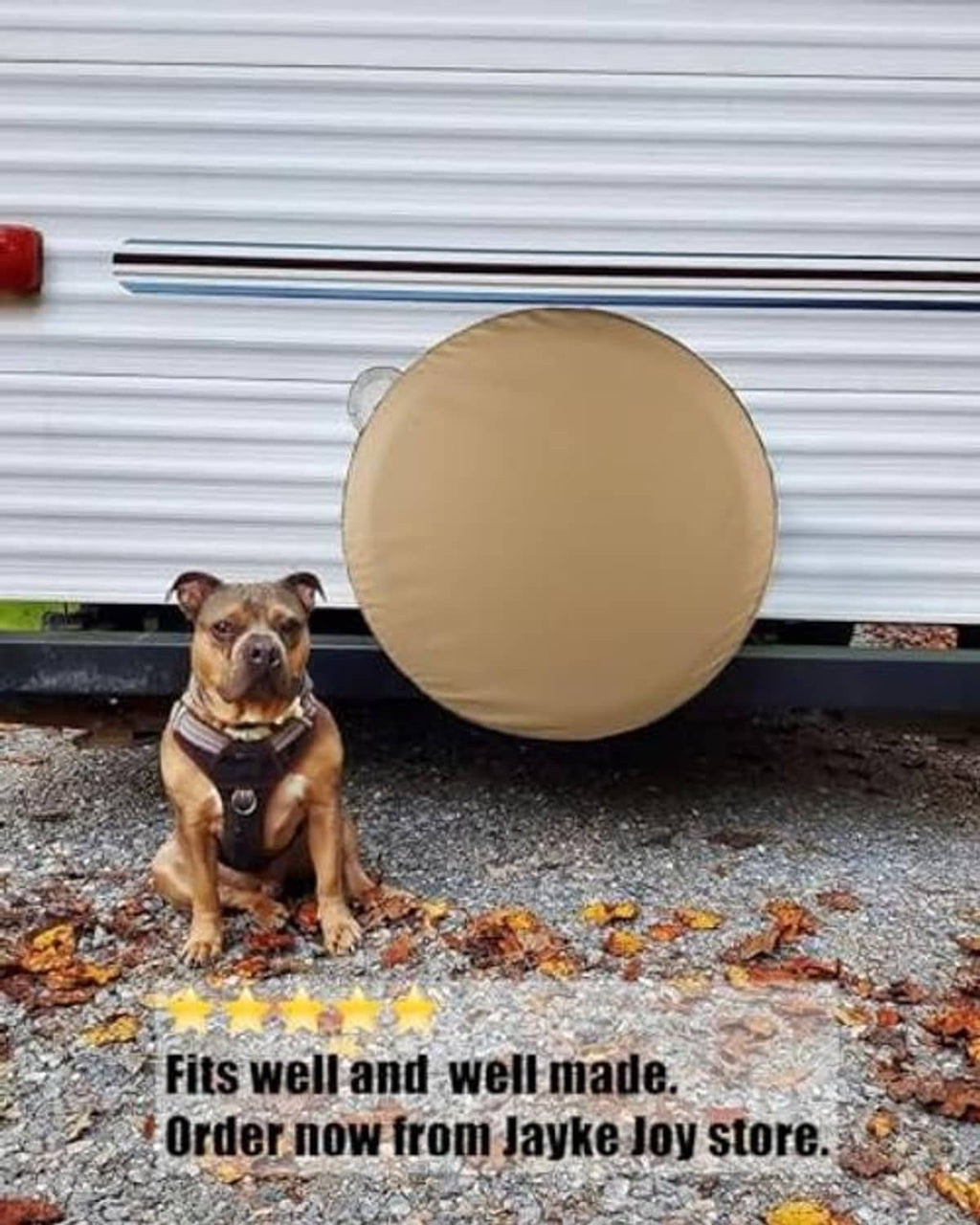 Beige spare tire cover on a vehicle spare wheel, round fitted shape.