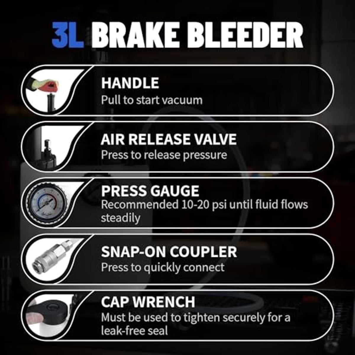 Brake bleeder kit feature diagram showing handle, air release valve, gauge, and coupler