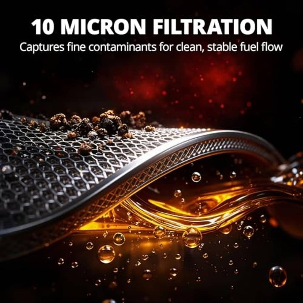 Inline fuel filter demonstrating 10-micron filtration with flowing fuel droplets